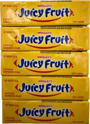 A stack of Wrigley's Juicy Fruit chewing gum packs.