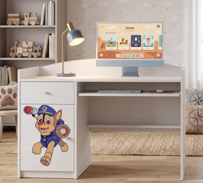Obrázok produktu pre Detský písací stôl „Happy B04“ biely | Písací stôl pre mládež s odkladacou plochou na klávesnicu a úložným priestorom | Elegantný školský písací stôl do detskej izby, malý psík