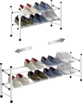 Produktbild von Schuhregal mit 2 Ebenen für bis zu 12 Paar Schuhe, ausstellbar und stapelbar, für Flur, 62114 x 22 x 35cm, weiß, 2 Regale