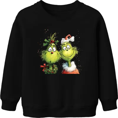 Produktbild von Grinch Weihnachten lustig Paar Kranz Holly Santa Hut Retro Uni Kinder Sweatshirt Pullover, Schwarz, 104