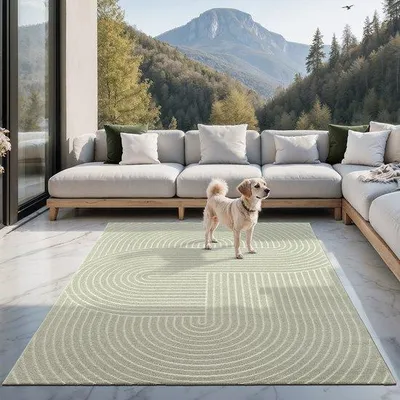 Zdjęcie produktu dla Unyqoos® dywan Santo Plus – wodoodporny dywan zewnętrzny, 80 x 250 cm, polipropylen, wzór 3D w stylu boho, kolor zielony, idealny na balkon, taras i do salonu