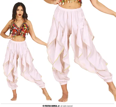 Produktbild von Bauchtanzhose für Damen weiß Haremshose mit Volants Orient Tänzerin Pumphose Fasching Karneval Show, Größe: 42 - 44 (L) Farbe: Weiß