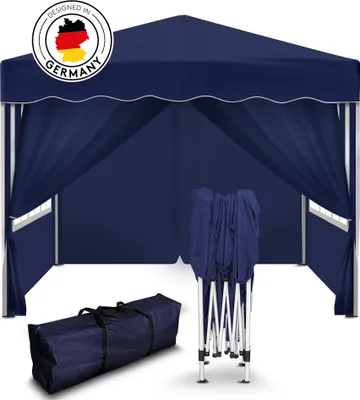 A blue pop-up tent is shown in its opened state, with a folded tent frame and a carrying bag in the foreground.