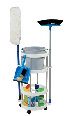 A cleaning cart with various cleaning supplies and tools.