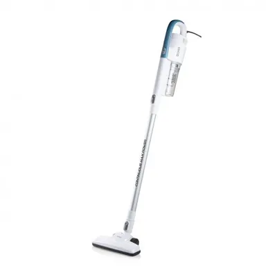 A white and blue stick vacuum cleaner is shown against a white background.