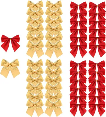 Produktbild von Weihnachtsbaum Schleifen Gold Rot Schleife Weihnachten Weihnachtsbaumschleifen Mini Weihnachtsbaum Bögen 6 cm Band Bögen Ornamente für Weihnachtsbaum Hängende Dekoration Geschenke 48 Stück