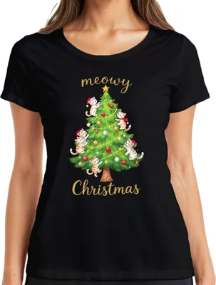 Produktbild von meowy Christmas Katzen Weihnachtsbaum niedlich Katzenliebhaber Damen T-Shirt, Schwarz, 3XL