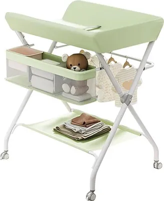 Image de Table à langer pour bébé - Table à langer pliable et réglable en hauteur - Avec roulettes - Portable - Structure en métal - Espace de rangement et de rangement - Vert