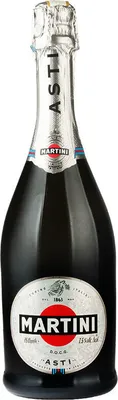 A bottle of Martini Asti sparkling wine against a white background.