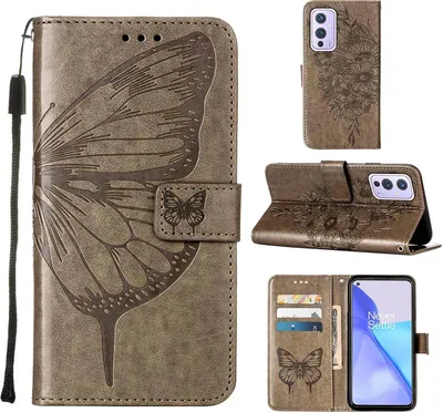 Produktbild von OnePlus 9 Hülle, Schmetterling Prägung Flip Leder Kartenfächer Schutzhülle Ledertasche mit Ständer für OnePlus 9 Grau