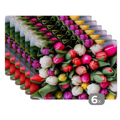 Produktbild von KitchenYeah® Platzsets 6er Set Tischset abwaschbar Platzdecken 45x30 cm Blumen - Blumenstrauß - Tulpen - Tischmatte Platzmatte Untersetzer rutschfest und Hitzebeständig - Placemat - Tischuntersetzer