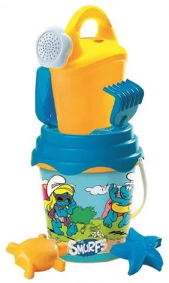 Image de Seau de plage garni schtroumpfs 19 cm - arrosoir - moule - pelle - mondo - jouets sable