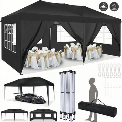 Pavillon 3x6m, Festzelt Faltpavillon Gartenzelt Wasserdicht, UV-Schutz, mit 4 Seitenteilen und 2 Eingängen, 12 Heringe & 4 Seile & 1 Tragetasche, für Garten Terrasse Feier Party, Grau