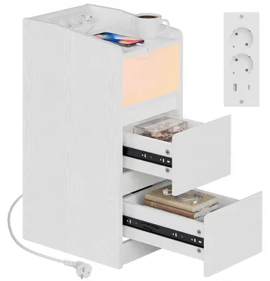 Produktbild von IRONCK Nachttisch Schmal, Beistelltisch mit Ladestation und LED, Weiß
