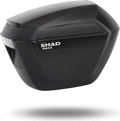 A black motorcycle side case is shown against a white background.