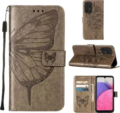 Produktbild von Galaxy A33 5G Hülle, Schmetterling Prägung Flip Leder Kartenfächer Schutzhülle Ledertasche mit Ständer für Samsung Galaxy A33 5G Grau