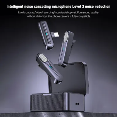 Zdjęcie produktu dla 2.bezprzewodowy system mikrofonowy Lavalier 4 GHz Mikrofon przypinany Zasięg transmisji 20 m Redukcja szumów z odbiornikiem + 2 nadajniki + ładowarka + 1 kabel adaptera Kompatybilny ze smartfonami iPhone Tablety Komputery do YouTube / wywiadów / vlogów / wideo / transmisji na żywo