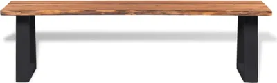 A product shot of a wooden bench with black legs against a white background.