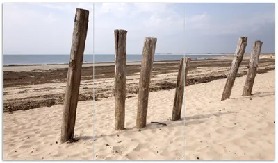 Produktbild von Wallario Herdabdeckplatte aus Glas, Größe 90 x 52 cm 3-teilig, Motiv Sandstrand mit Holzpfählen am Atlantischen Ozean