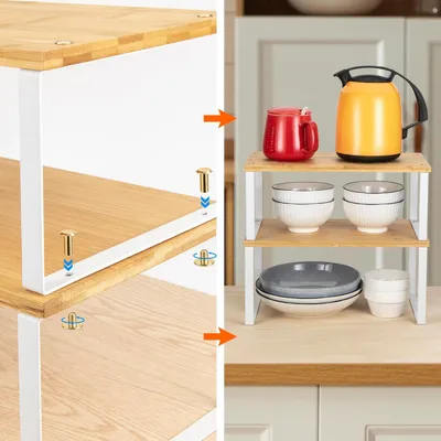 Image de Organisateurs d'armoires de cuisine empilables - Étagères extensibles pour épices, assiettes et tasses (set de 2)