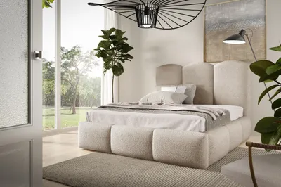 Image de Lit rembourré BAILEY 140x200 - Lit avec sommier, lit bulle, lit double avec espace de rangement et sommier à lattes, chambre à coucher - Beige clair
