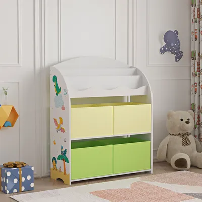 Obrázek produktu pro Dětský regál "Orust" se 4 úložnými boxy s motivem dinosaurů