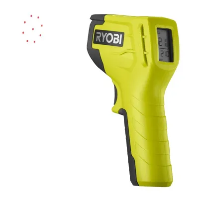 A yellow and black Ryobi infrared thermometer is shown against a white background. A cluster of red dots is visible to the left of the thermometer.