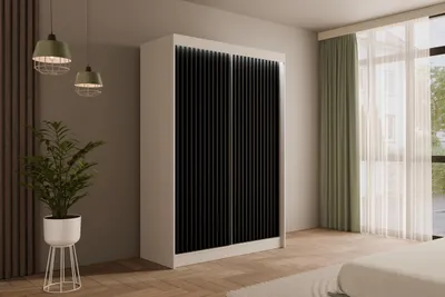 Produktbild von ALTDECOR Kleiderschrank mit Lamel-Schiebetüren,  Führungsschienen und Aluminium- Leisten, LED-Beleuchtung  und Fernbedienung - VILANv2 - 150 cm Weiß + Lamelle schwarz