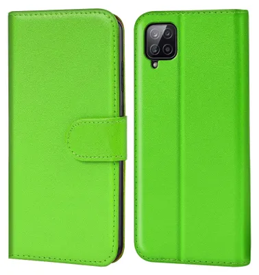 A green book-style phone case is shown from the front and back.