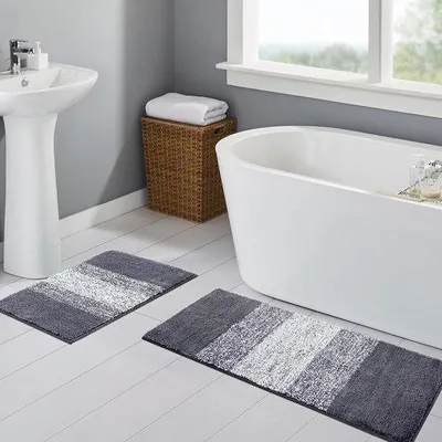 Productafbeelding van Famanu Set badmatten - Antislip, wasbaar, grijs, 45 x 65 + 45 x 120 cm