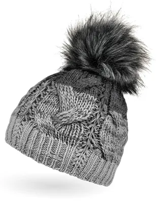 Produktbild von Damen Strick-Mütze gefüttert Fleece-Innenfutter Fell-Bommel Kunstfell Winter-Mütze Bommelmütze Zopfmuster mehrfarbig Neverless® hellgrau-dunkelgrau