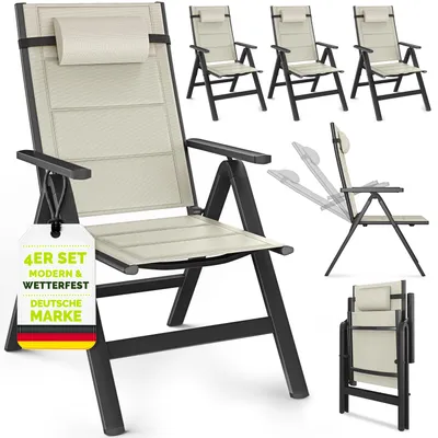 Immagine prodotto di Sedia da giardino Tillvex con imbottitura Premium, 4 pezzi, beige, pieghevole, in alluminio | Schienale alto con braccioli | Sedia pieghevole regolabile | Poltrona pieghevole per balcone, giardino e terrazza