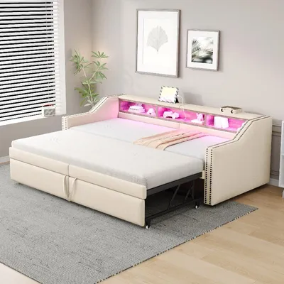 Obrázek produktu pro Rozkládací pohovka 90x200 cm, po rozložení 180x200 cm, béžová čalouněná postel z lněné látky s roštem, LED osvětlením, USB portem a 3 úložnými přihrádkami