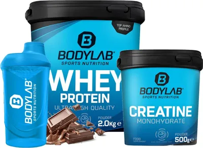 Produktbild von BODYLAB Megadeal Basic Aufbau - Whey Protein Double Chocolate + Creatine Monohydrate + Shaker für Kraftsport und Fitness