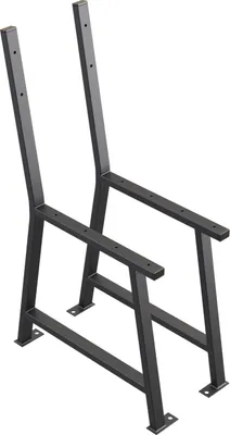 A black metal frame for a bench, shown from a diagonal angle against a white background.