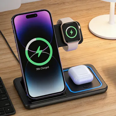 Produktbild von Faltbare 3-in-1-30-W-Wireless-Ladestation für iPhone 17, 16, 15, 14, 13, 12 Pro Max, iWatch 11, AirPods Pro, Schnellladegerät, Ladestation