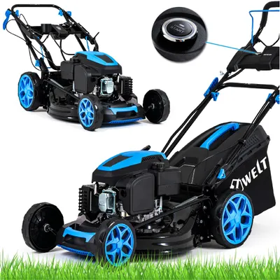 Obrázek produktu pro Benzínová sekačka Hexwelt s pohonem | záběr sečení 56 cm | funkce mulčování | 60 l | 4,4 kW benzínová sekačka | 8 kroků (25-75 mm) | ultralehká, kompaktní |