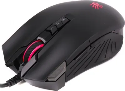 A black gaming mouse with red accents is shown against a white background.