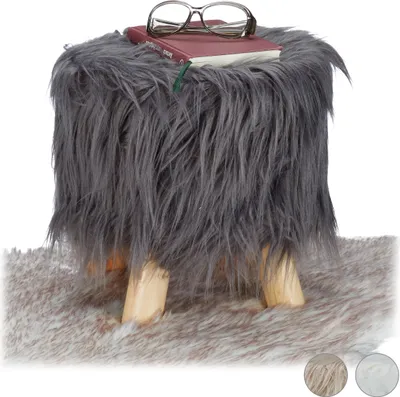 Image de Relaxdays Tabouret en fourrure, moelleux, 4 pieds en bois, tabouret rembourré, fourrure synthétique, rond, tabouret décoratif HxD : 31x31 cm, gris
