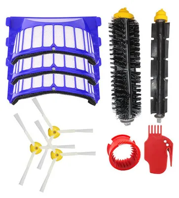 A collection of vacuum cleaner replacement parts arranged on a white background.