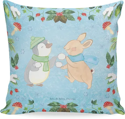 Produktbild von Mr. & Mrs. Panda Dekokissen Pinguin Hase Schneeballschlacht - Eisblau - Geschenk, Kuschel Kissen, 40x40, Kopfkissen, Nikolaus, kuschelkissen, Deko