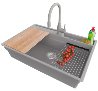 Produktbild von PRIMAGRAN Granitspüle Grau 78x53cm, Spülbecken 1 Becken + Küchenarmatur 38x14cm + Ablauf-Set + Küchenzubehörset, Küchenspüle ab 80er Unterschrank - Oslo Pocket