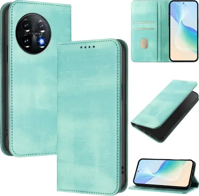 Produktbild von Handyhülle für OnePlus 11, Vintage Leder RFID Schutz Kartenfach Standfunktion Magnetische Klapphülle Türkis