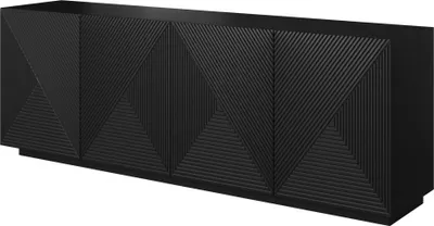A black sideboard with a geometric pattern on its doors, shown against a white background.