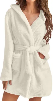 Produktbild von Winternachthemd für Damen, dicker Plüsch, warm, mit Kapuze, verstellbarer Schnürgürtel, einfarbig, gute Wasseraufnahme, Homewear, Spa-Hotel-Bademantel