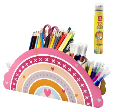 Produktbild von Regenbogenfarbener Stiftehalter für Kinder, Schreibtisch-Organizer aus Holz mit 12 Buntstiften
