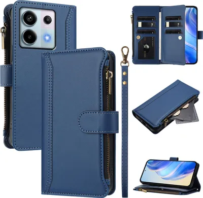 Obrázek produktu pro Pouzdro pro Xiaomi Redmi Note 13 Pro 5G, zipem, peněženkovéPolyuretankožené flip pouzdro s kapsami na karty, stojánkem a poutkem na ruku modrý