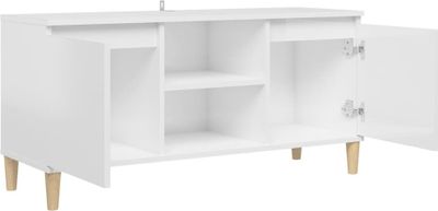 vidaXL TV skrinka s nohami z masívneho dreva s vysokým leskom biela 103,5x35x50 cm