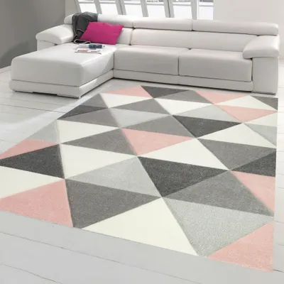 Produktbild von Teppich modern Designerteppich mit Dreieck Muster in Rosa Grau Creme Größe - 200 x 290 cm
