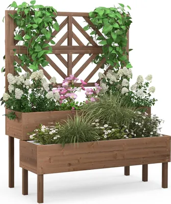 Produktbild von COSTWAY Blumenkasten mit Spalier aus Tannenholz, Gartenspalier mit 2 Rankkästen, Pflanzkasten für Kletterpflanzen, Hochbeet mit Rankgitter & Drainageloch, Blumenkübel für Garten Hof Balkon, Braun